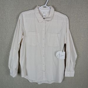 Japna Top Womens Large Cream Striped Roll Tab Convertible Button Down Shirt NWT